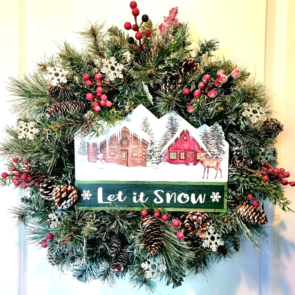Christmas Winter Cabin Deer Wreath Let It Snow Pine Berries
